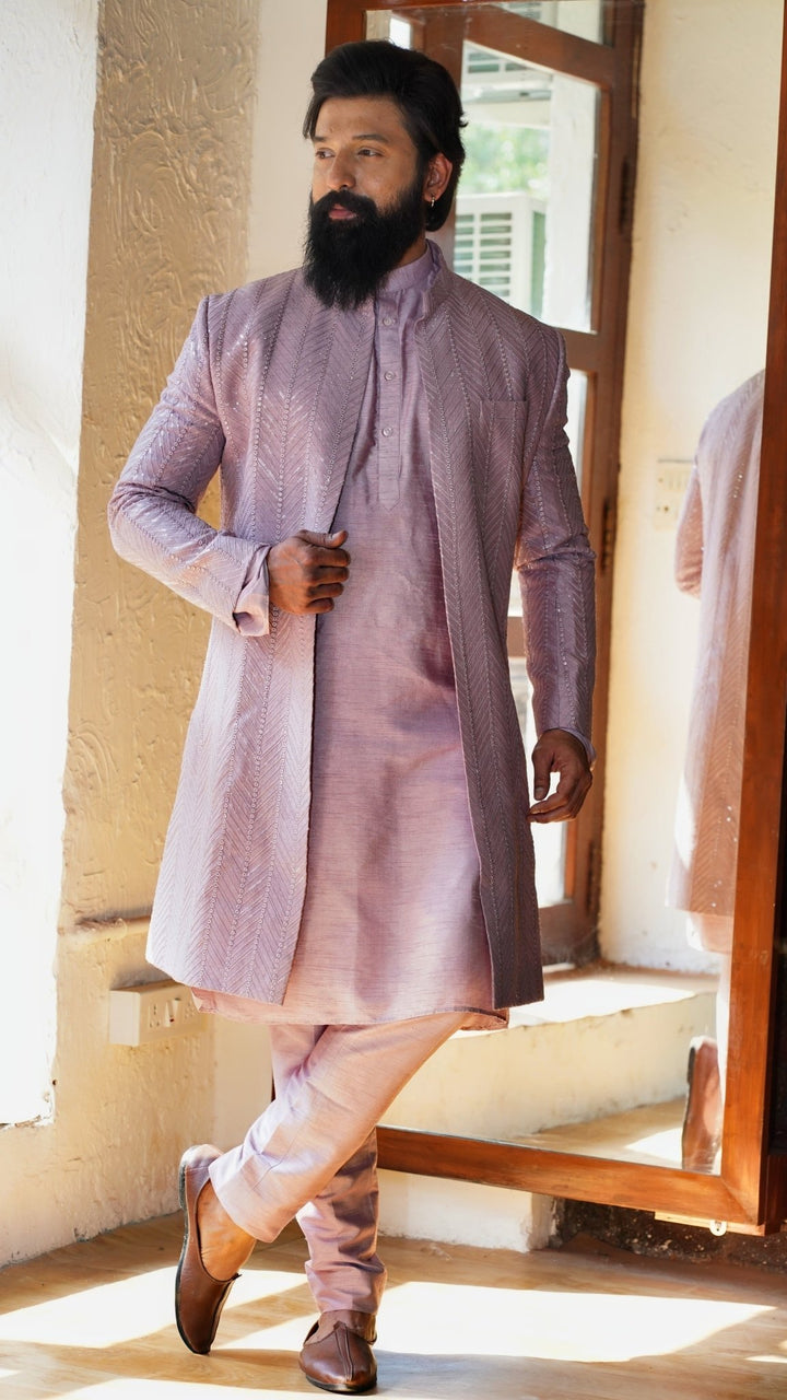 Mauve Embellished Jacket Style Sherwani Set Priti Sahni - Men - Fabilicious Fashion