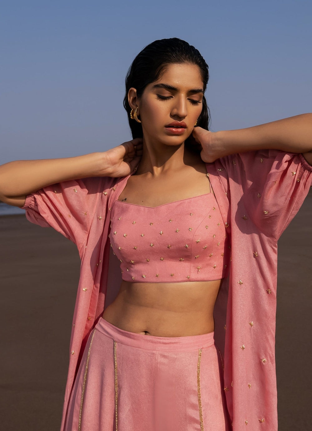 Mauve Embroidered Blouse With Flared Line Embroidered Pants And Long Jacket Ease - Fabilicious Fashion