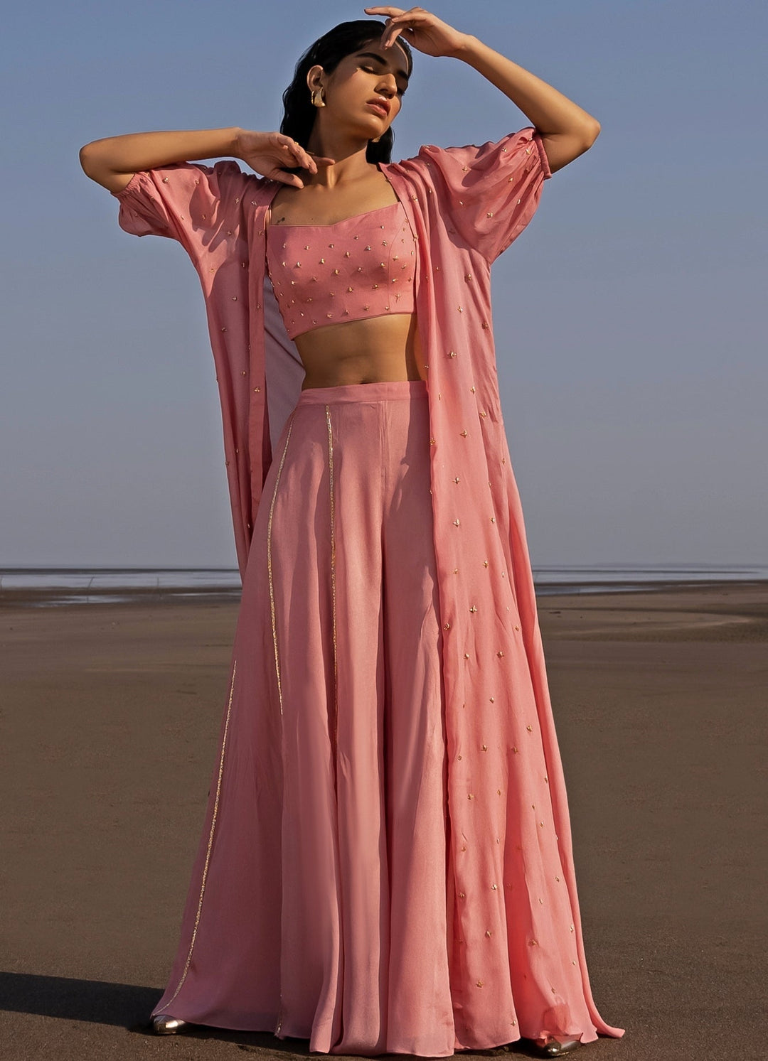 Mauve Embroidered Blouse With Flared Line Embroidered Pants And Long Jacket Ease - Fabilicious Fashion
