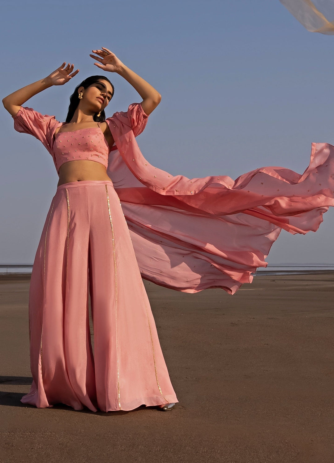 Mauve Embroidered Blouse With Flared Line Embroidered Pants And Long Jacket Ease - Fabilicious Fashion