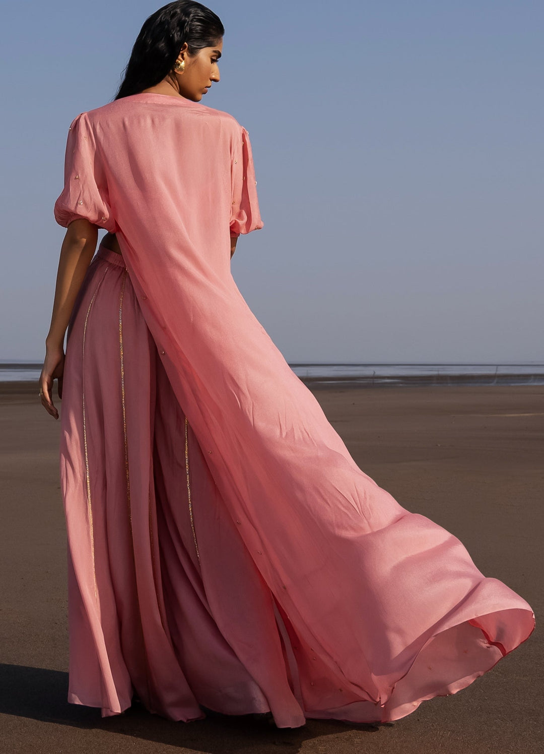 Mauve Embroidered Blouse With Flared Line Embroidered Pants And Long Jacket Ease - Fabilicious Fashion