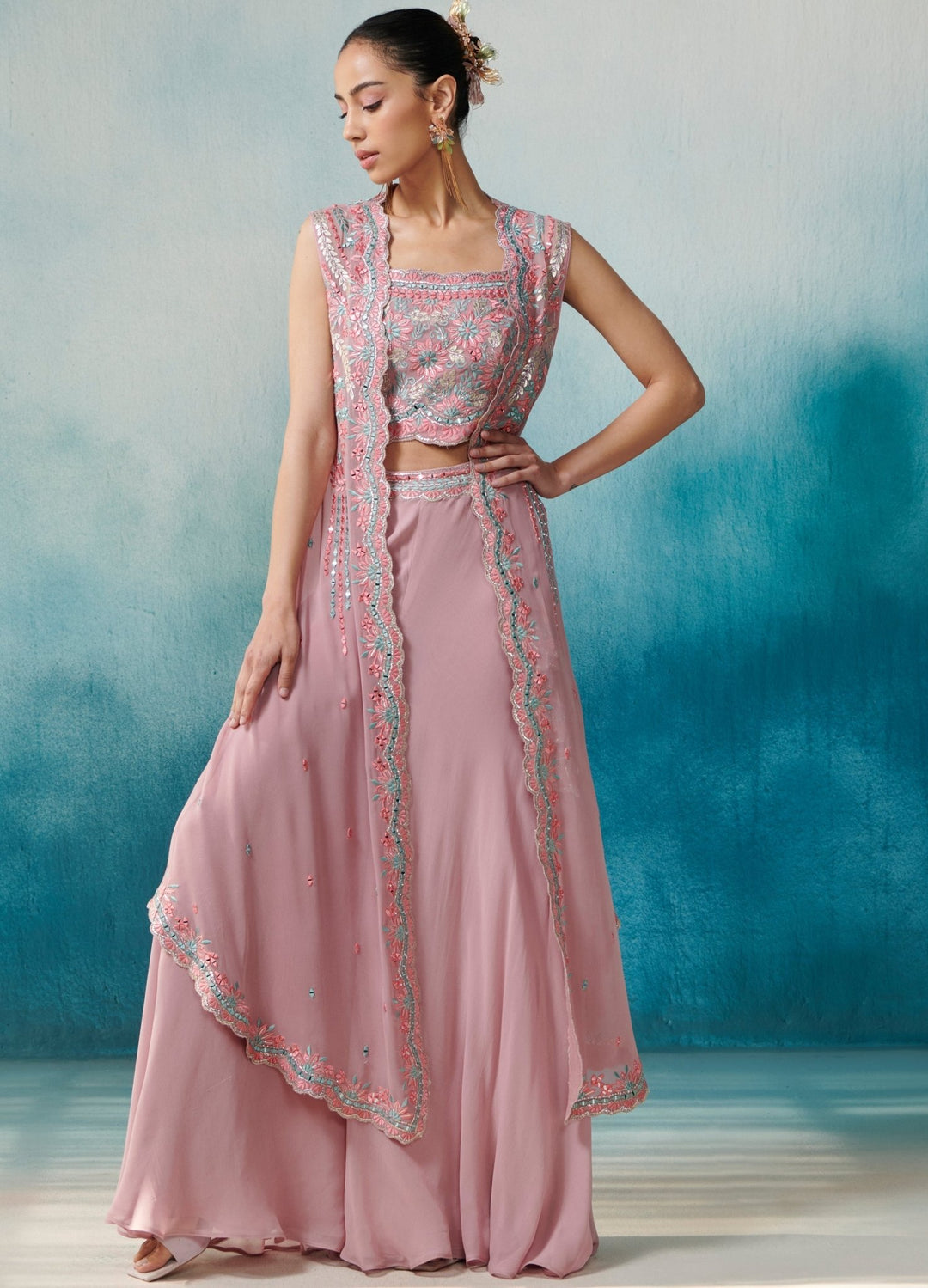 Mauve Georgette Flared Sharara Cape Set Suhino - Fabilicious Fashion