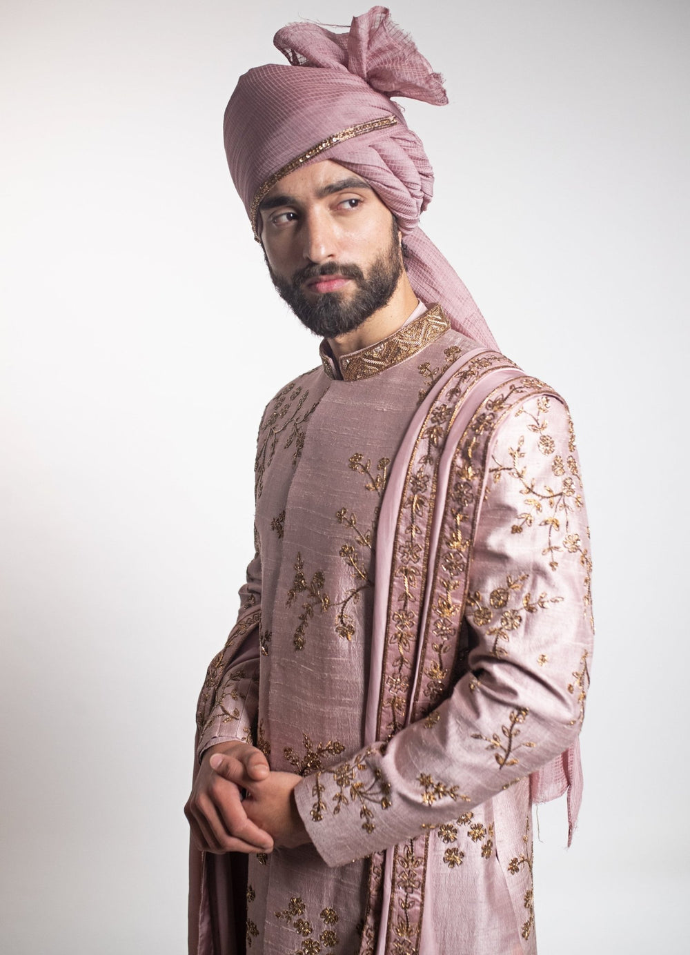 Mauve Hand embroidered Sherwani Set Contrast by Parth - Fabilicious Fashion