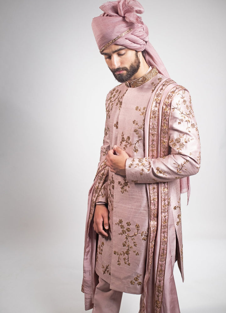 Mauve Hand embroidered Sherwani Set Contrast by Parth - Fabilicious Fashion