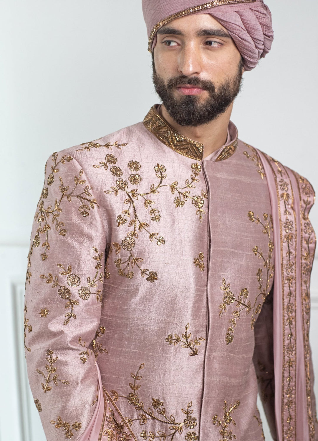 Mauve Hand embroidered Sherwani Set Contrast by Parth - Fabilicious Fashion
