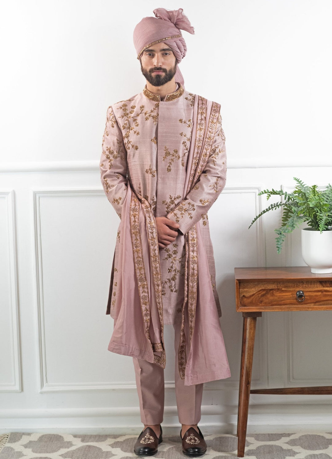 Mauve Hand embroidered Sherwani Set Contrast by Parth - Fabilicious Fashion