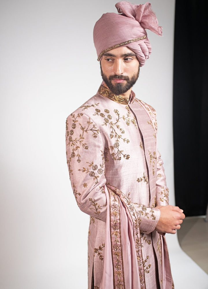 Mauve Hand embroidered Sherwani Set Contrast by Parth - Fabilicious Fashion