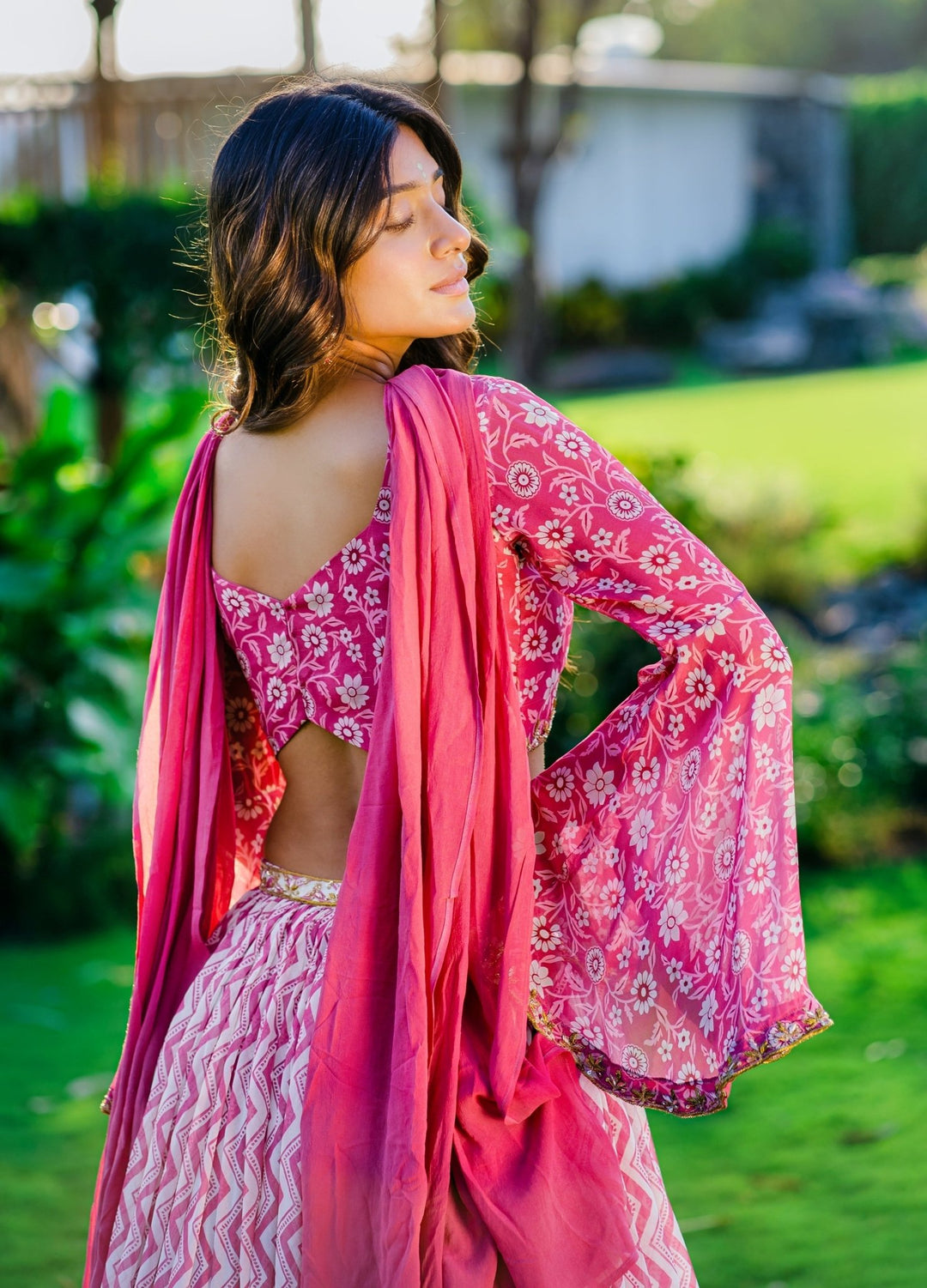 Mauve Printed Embellished Lehenga With Flared Sleeve Blouse And Dupatta Redpine - Fabilicious Fashion