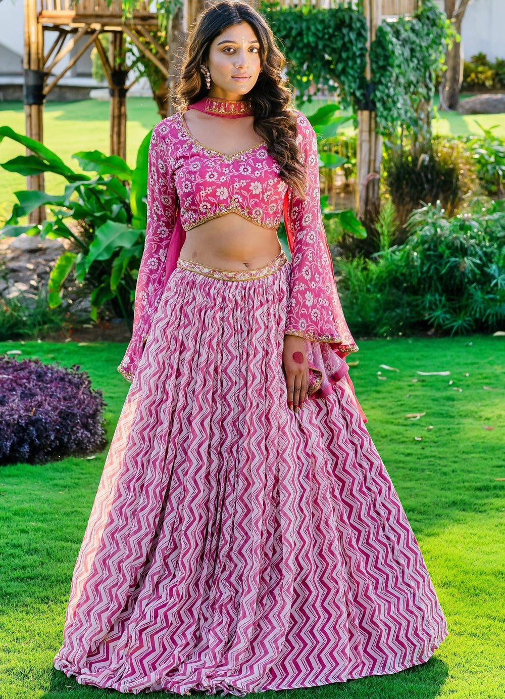 Mauve Printed Embellished Lehenga With Flared Sleeve Blouse And Dupatta Redpine - Fabilicious Fashion