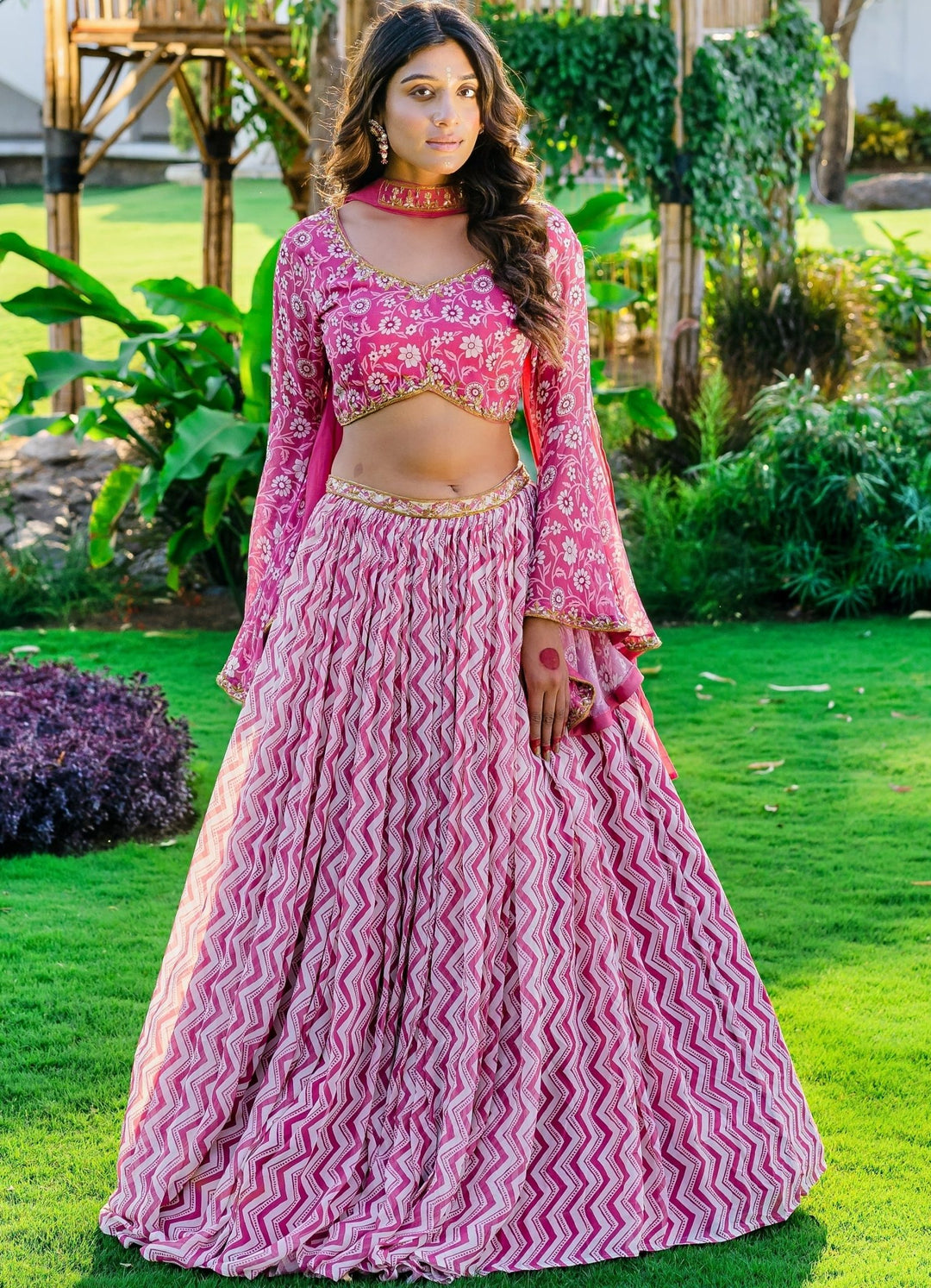 Mauve Printed Embellished Lehenga With Flared Sleeve Blouse And Dupatta Redpine - Fabilicious Fashion