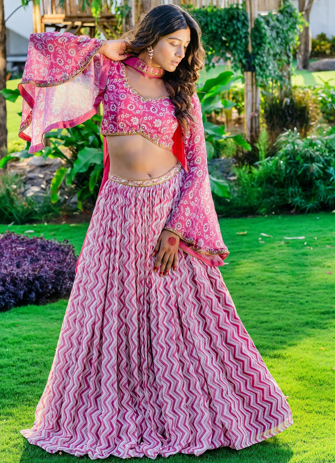 Mauve Printed Embellished Lehenga With Flared Sleeve Blouse And Dupatta Redpine - Fabilicious Fashion
