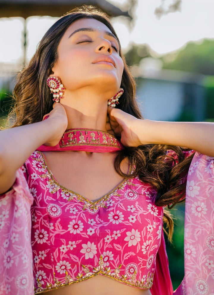 Mauve Printed Embellished Lehenga With Flared Sleeve Blouse And Dupatta Redpine - Fabilicious Fashion