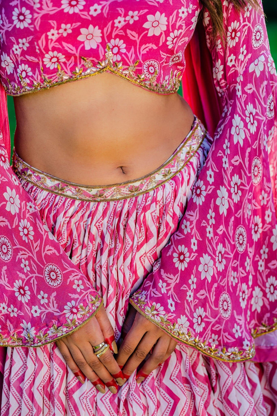 Mauve Printed Embellished Lehenga With Flared Sleeve Blouse And Dupatta Redpine - Fabilicious Fashion