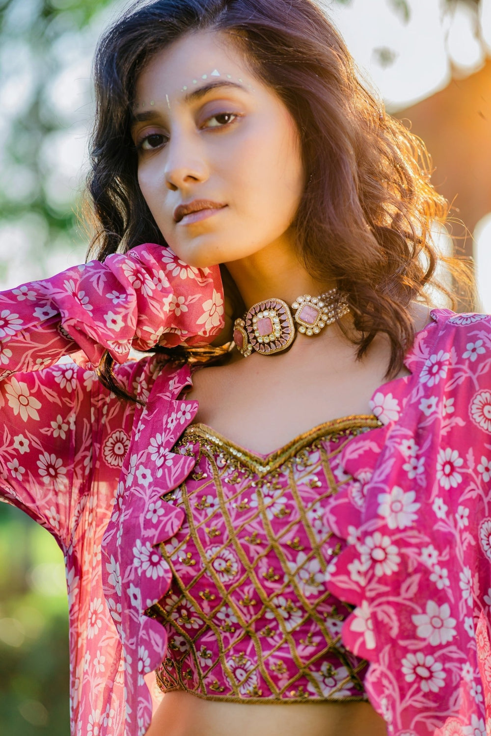 Mauve Printed Georgette Pallazo Pants With Embellished Blouse And Long Jacket Redpine - Fabilicious Fashion