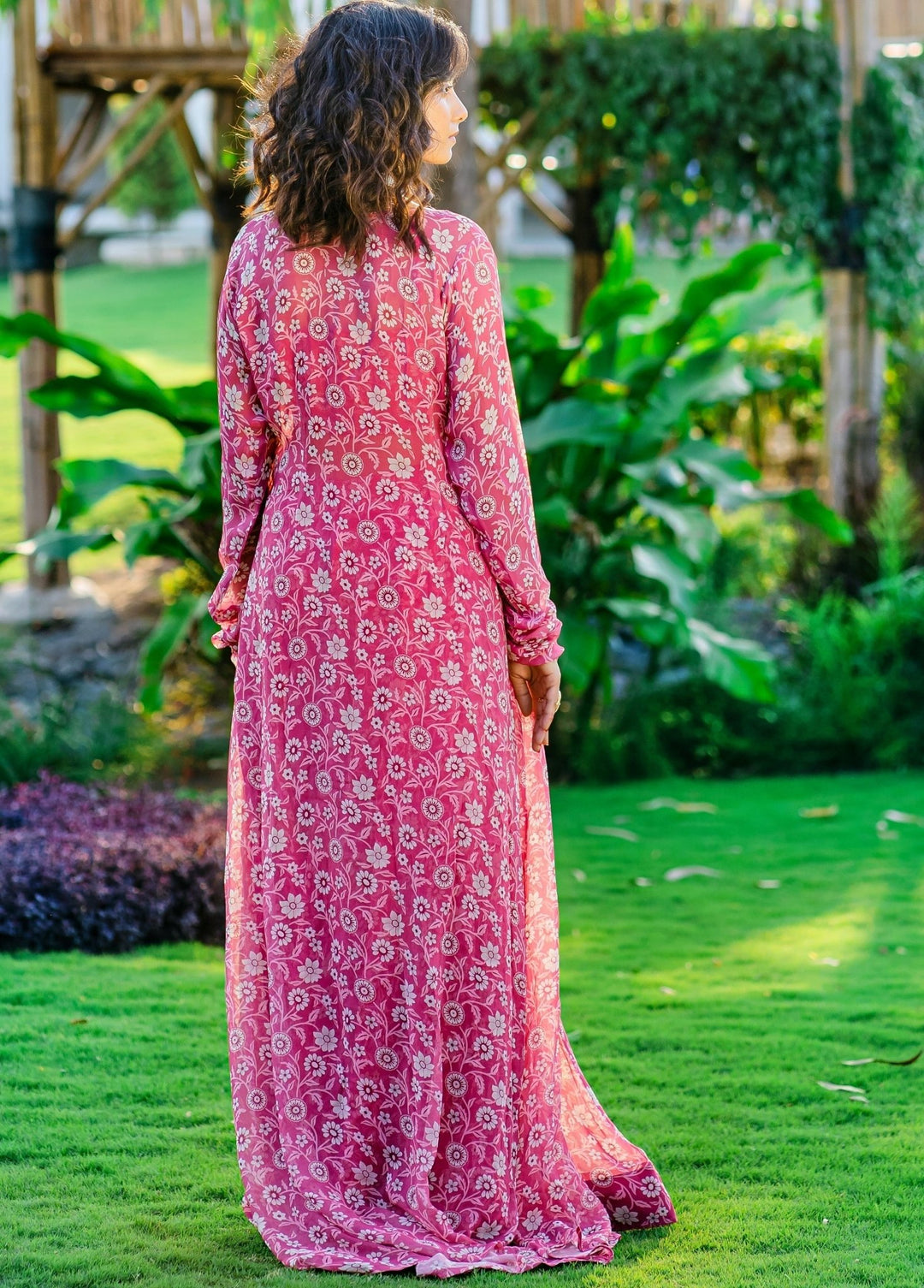 Mauve Printed Georgette Pallazo Pants With Embellished Blouse And Long Jacket Redpine - Fabilicious Fashion