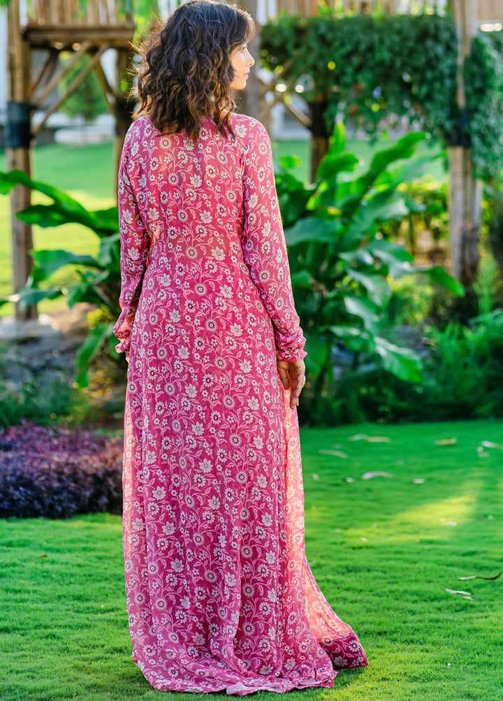 Mauve Printed Georgette Pallazo Pants With Embellished Blouse And Long Jacket Redpine - Fabilicious Fashion