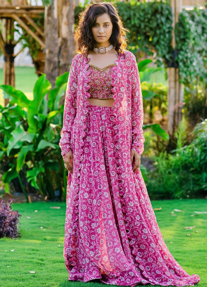 Mauve Printed Georgette Pallazo Pants With Embellished Blouse And Long Jacket Redpine - Fabilicious Fashion