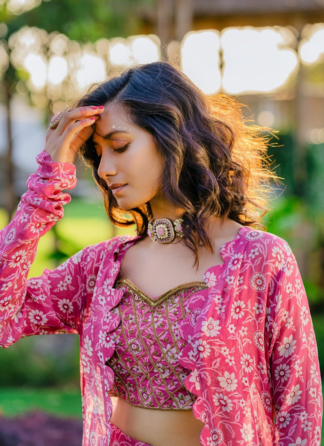 Mauve Printed Georgette Pallazo Pants With Embellished Blouse And Long Jacket Redpine - Fabilicious Fashion