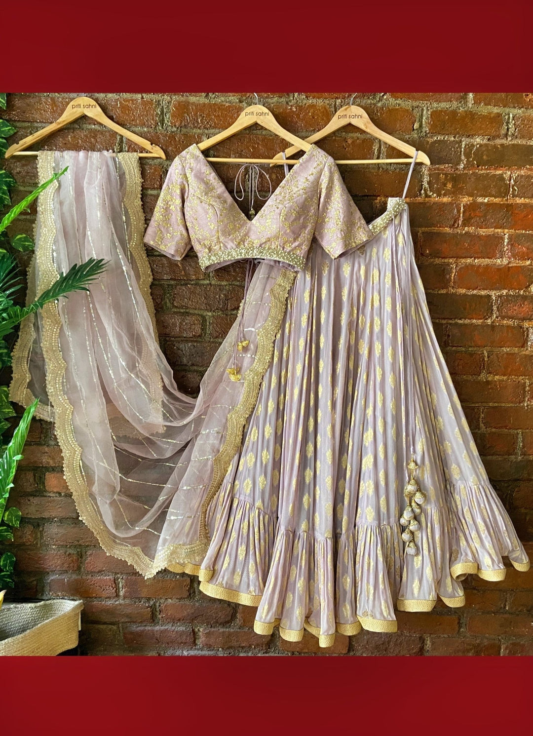 Mauve Ruffle Lehenga Set With V-neck Blouse Priti Sahni - Fabilicious Fashion
