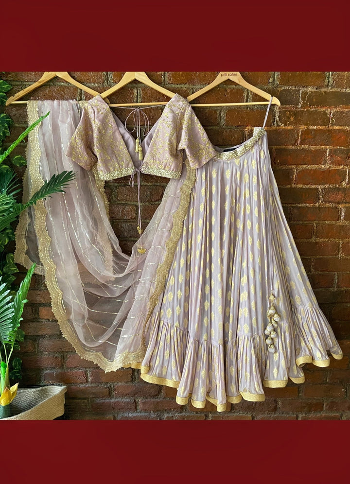 Mauve Ruffle Lehenga Set With V-neck Blouse Priti Sahni - Fabilicious Fashion