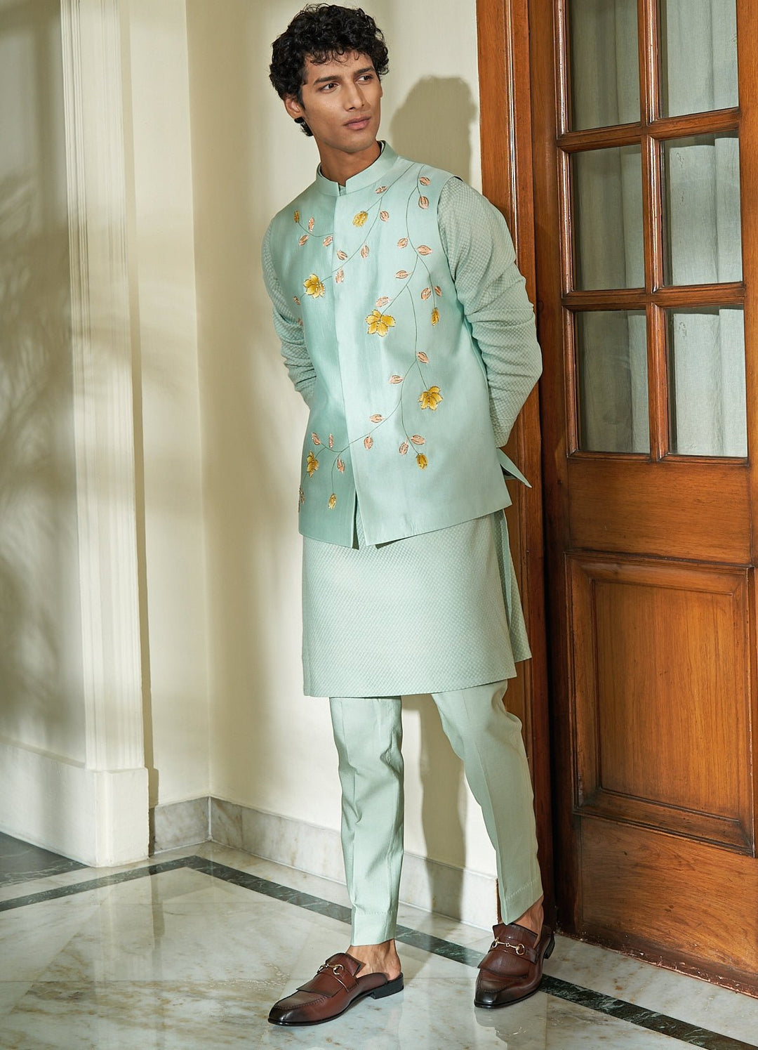 Meadow Mist Green Jacket Set Contrast by Parth - Fabilicious Fashion