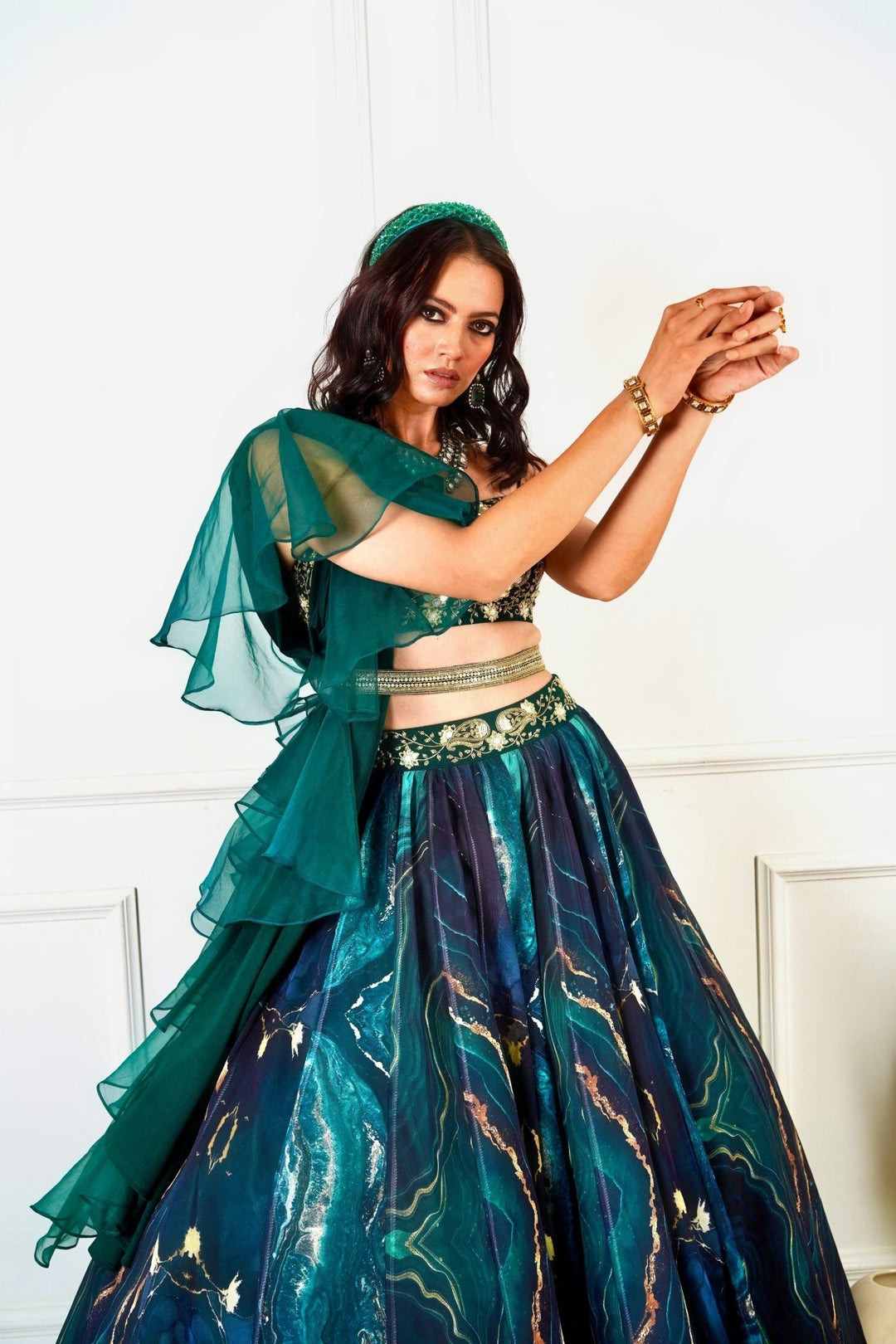 Meesha Green Marble Print Lehenga Set Rashika Sharma - Fabilicious Fashion