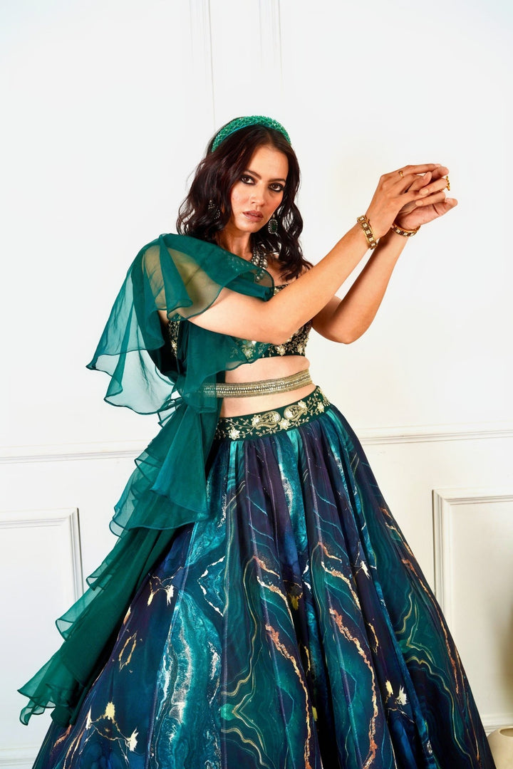 Meesha Green Marble Print Lehenga Set Rashika Sharma - Fabilicious Fashion