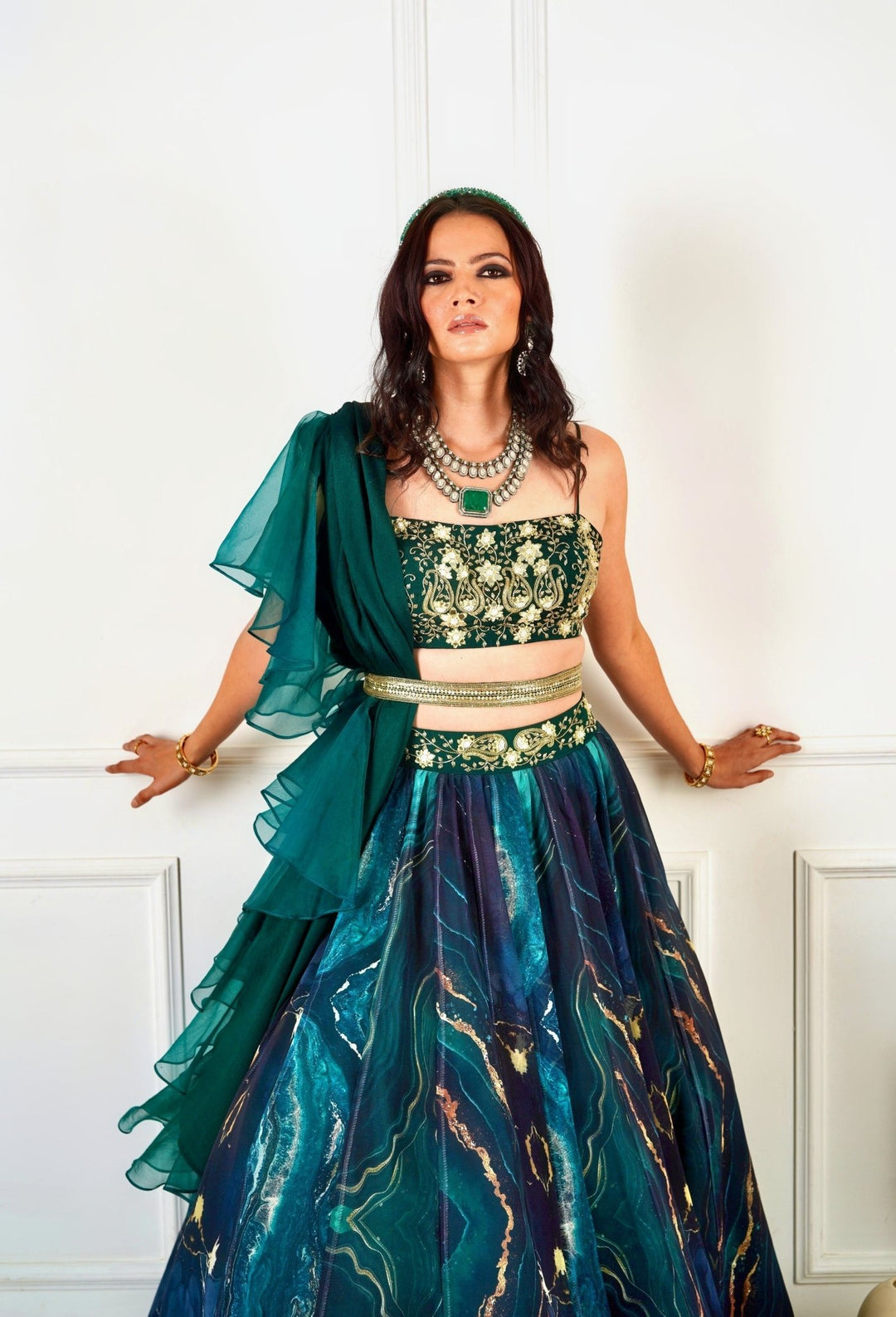 Meesha Green Marble Print Lehenga Set Rashika Sharma - Fabilicious Fashion