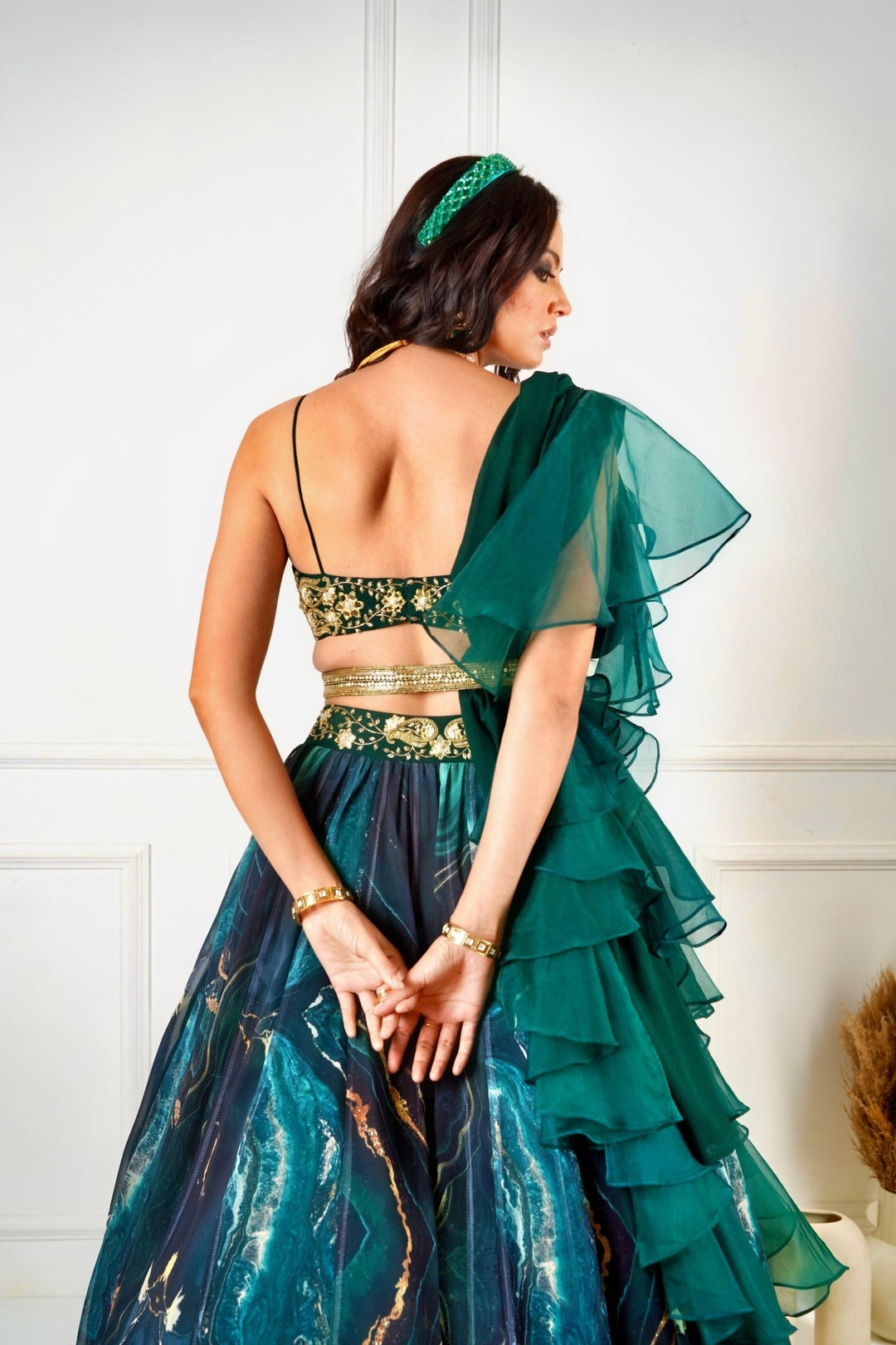 Meesha Green Marble Print Lehenga Set Rashika Sharma - Fabilicious Fashion