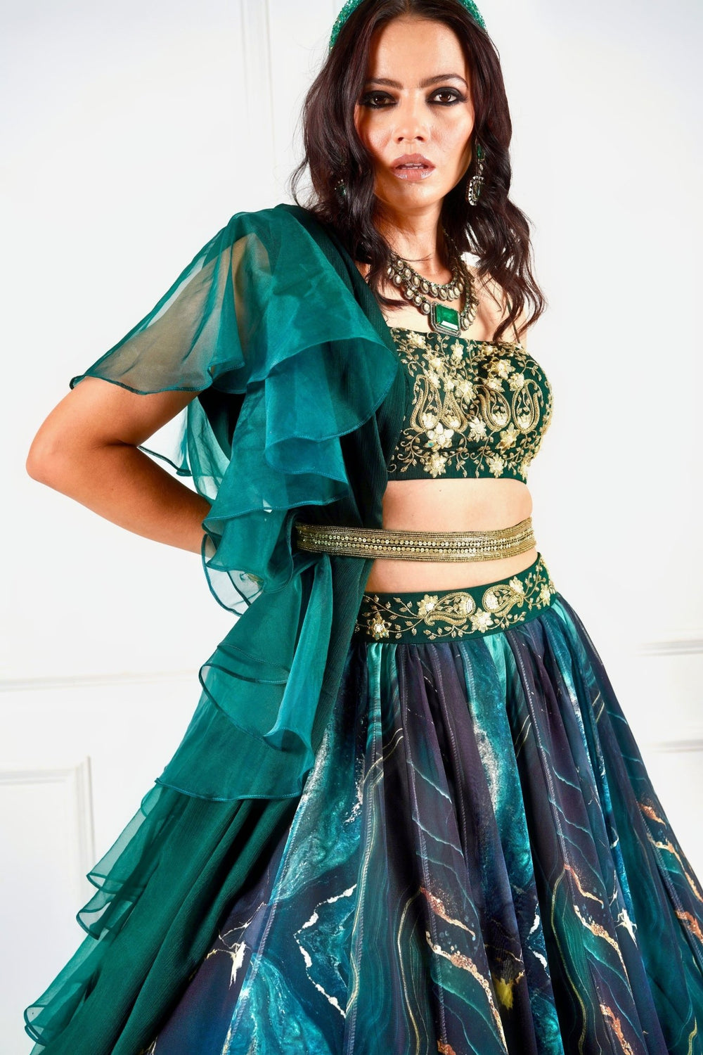 Meesha Green Marble Print Lehenga Set Rashika Sharma - Fabilicious Fashion