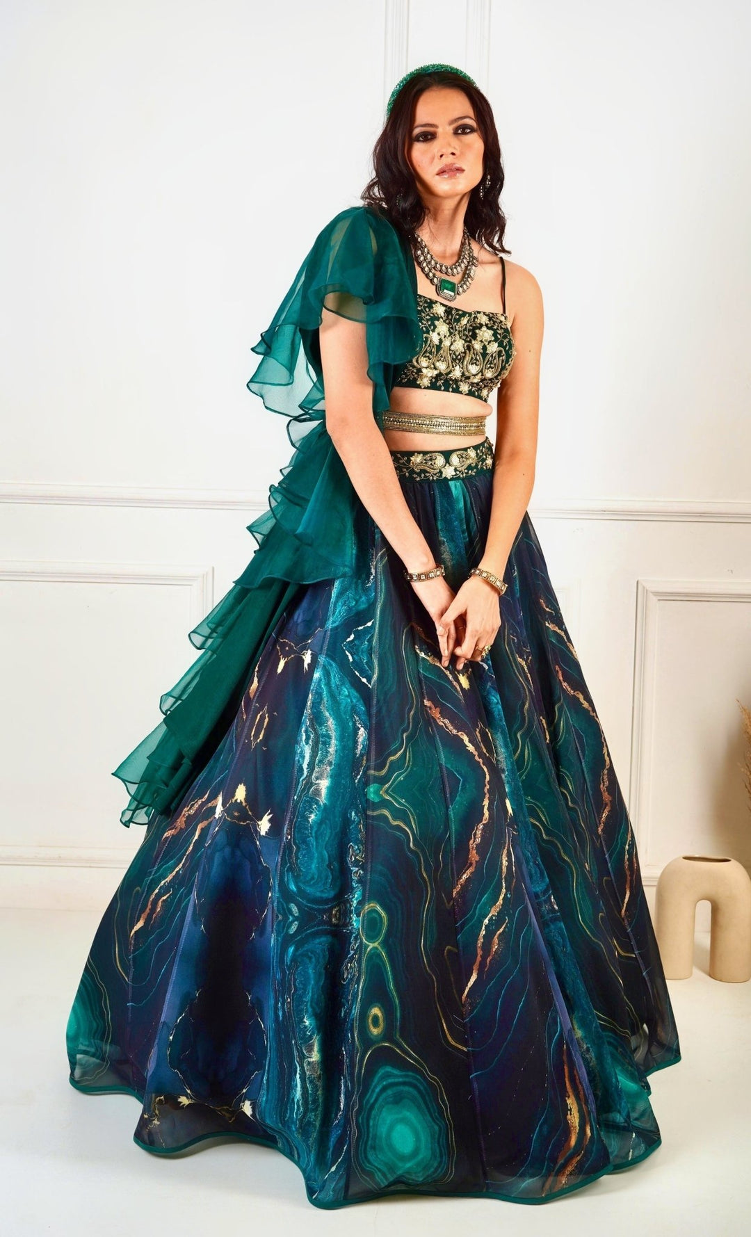 Meesha Green Marble Print Lehenga Set Rashika Sharma - Fabilicious Fashion