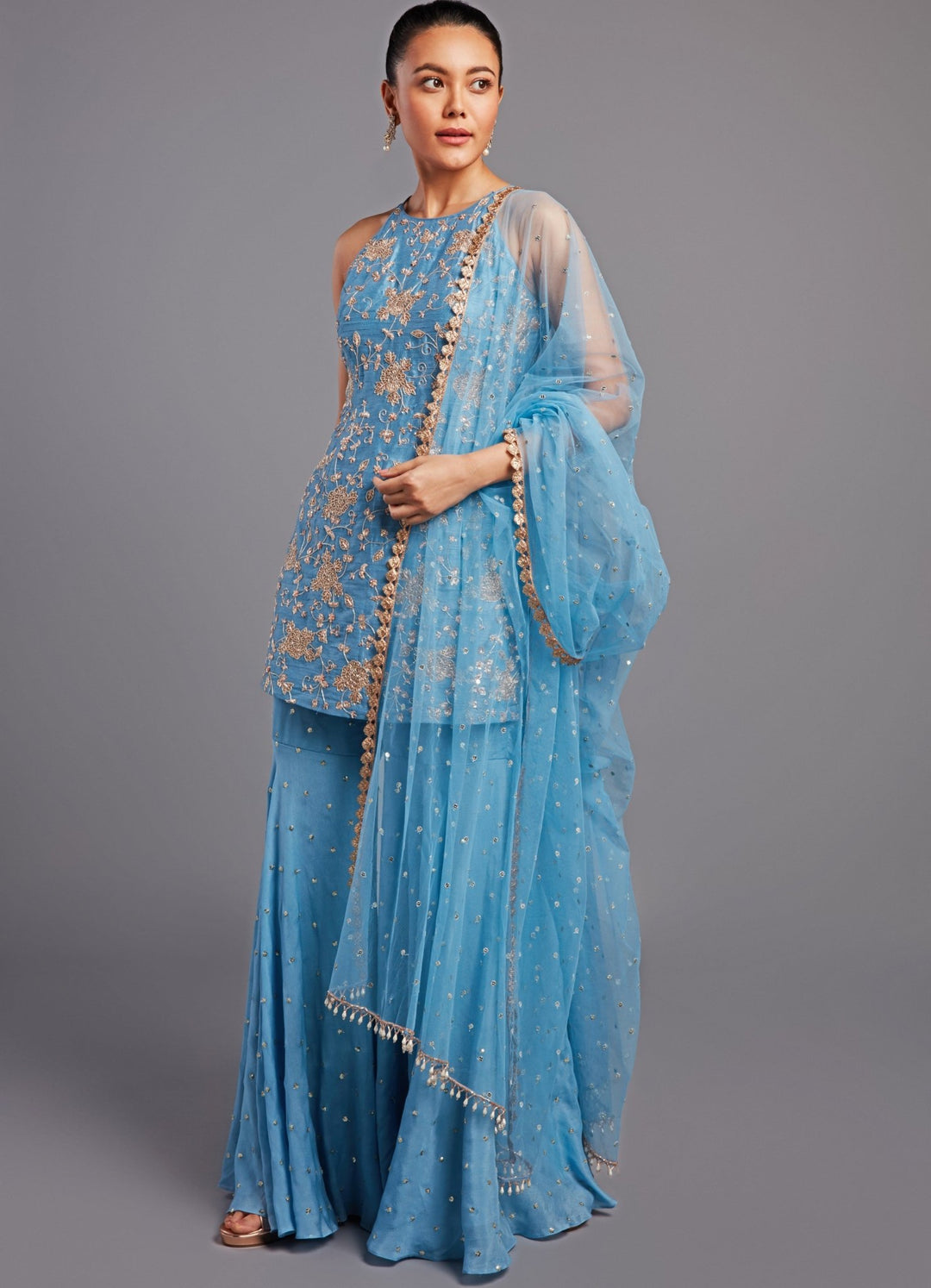 Mehak Hazel Blue Silk Kurta Sharara Set Chamee n Palak - Fabilicious Fashion