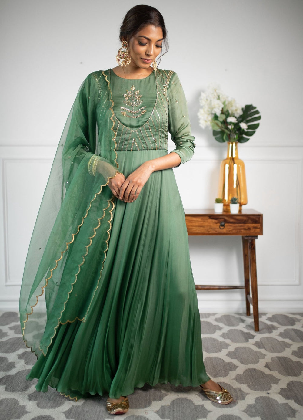 Mehendi Green Anarkali With Scallop Dupatta Parul Gandhi - Fabilicious Fashion