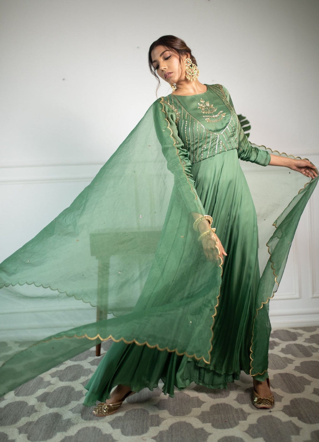 Mehendi Green Anarkali With Scallop Dupatta Parul Gandhi - Fabilicious Fashion