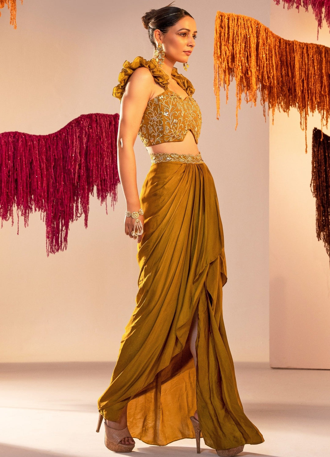 Mehendi Green Embroidered Corset With Ruffle Straps And Draped Lehenga Silky Bindra - Fabilicious Fashion