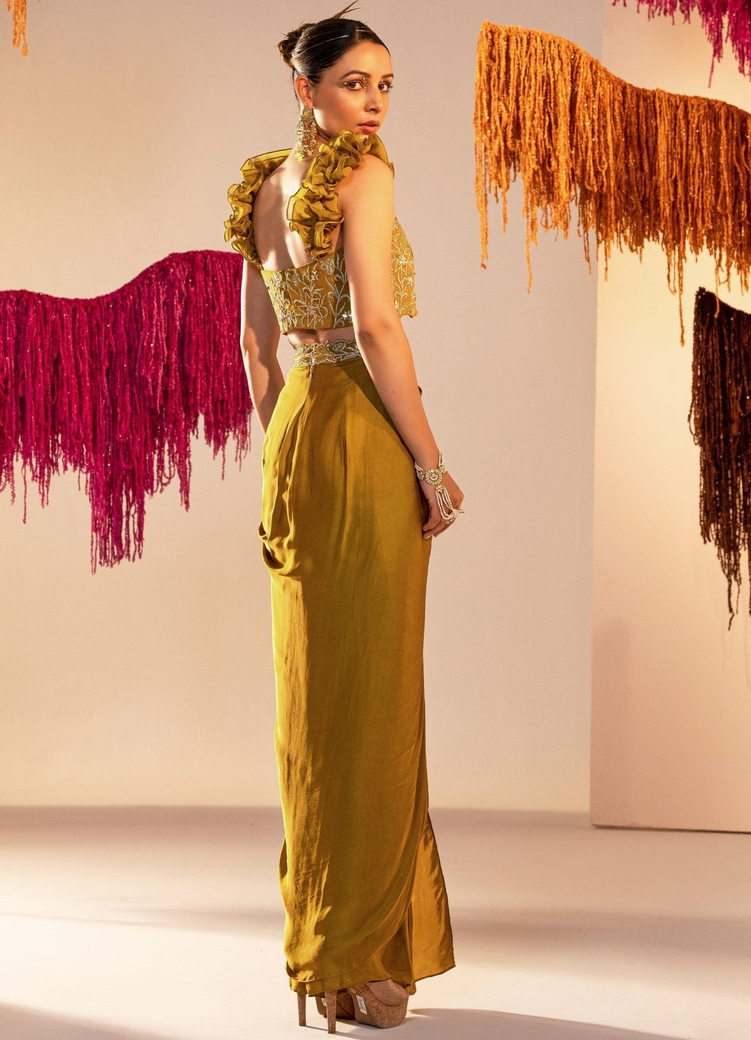 Mehendi Green Embroidered Corset With Ruffle Straps And Draped Lehenga Silky Bindra - Fabilicious Fashion