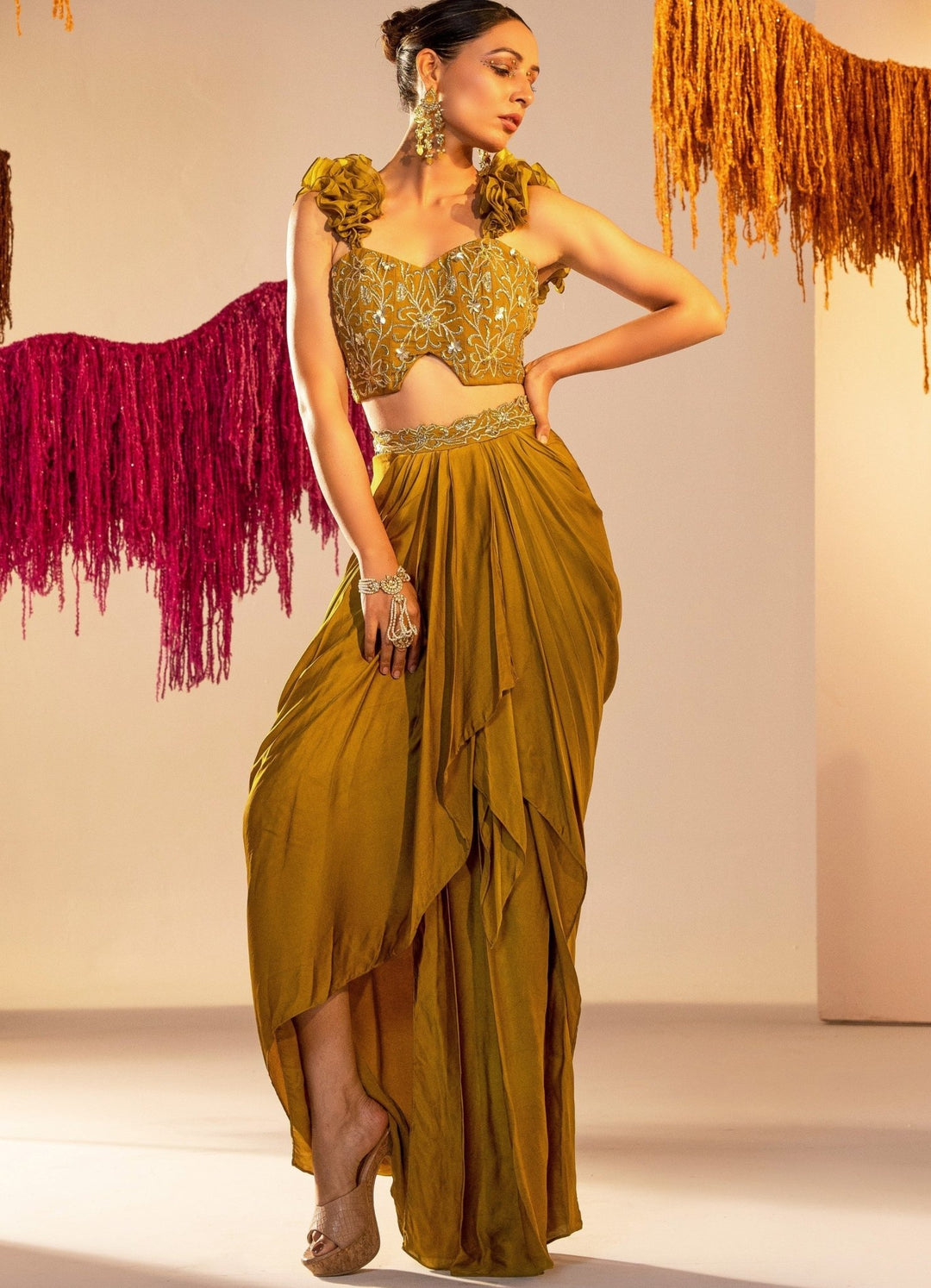 Mehendi Green Embroidered Corset With Ruffle Straps And Draped Lehenga Silky Bindra - Fabilicious Fashion
