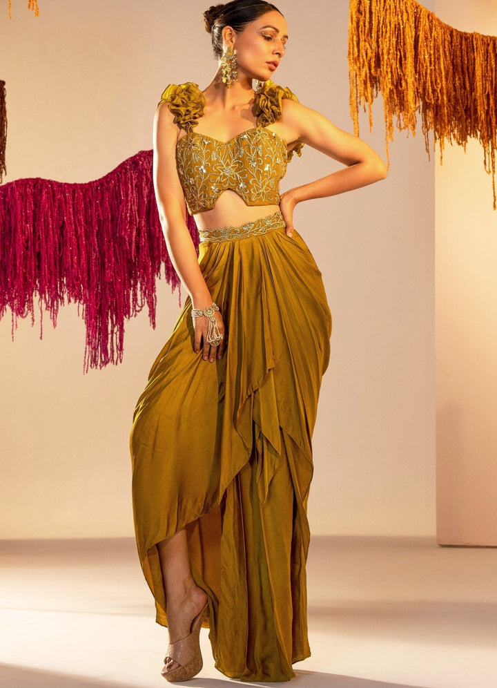 Mehendi Green Embroidered Corset With Ruffle Straps And Draped Lehenga Silky Bindra - Fabilicious Fashion