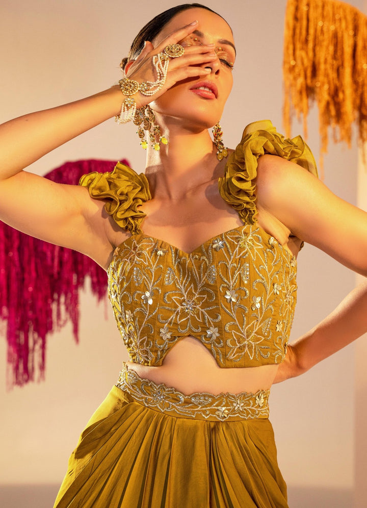 Mehendi Green Embroidered Corset With Ruffle Straps And Draped Lehenga Silky Bindra - Fabilicious Fashion