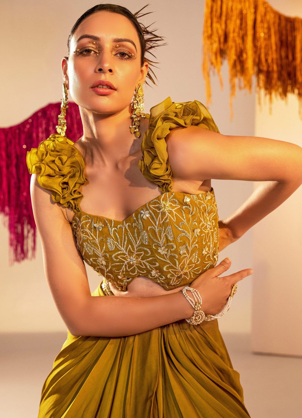 Mehendi Green Embroidered Corset With Ruffle Straps And Draped Lehenga Silky Bindra - Fabilicious Fashion
