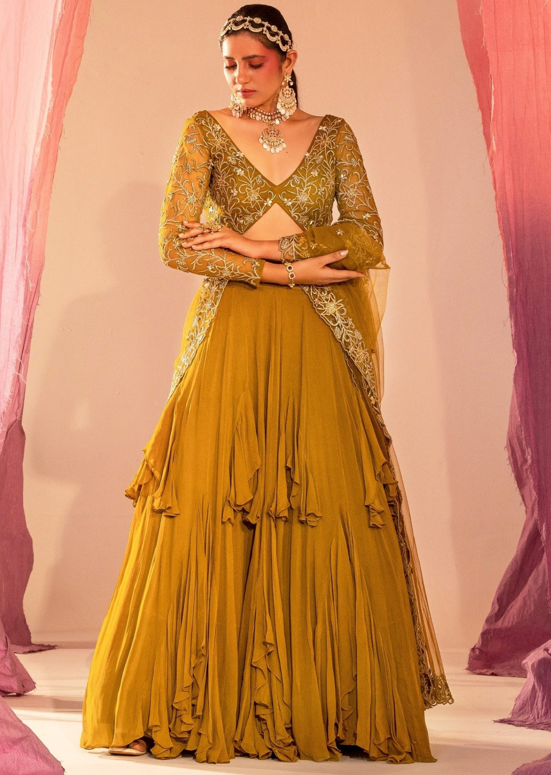 Mehendi Green Full-Sleeve Embroidered Blouse With Frill Lehenga and Dupatta Silky Bindra - Fabilicious Fashion