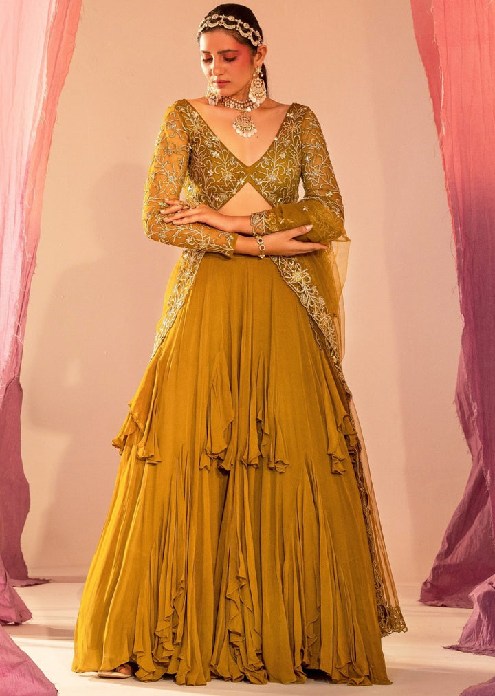 Mehendi Green Full-Sleeve Embroidered Blouse With Frill Lehenga and Dupatta Silky Bindra - Fabilicious Fashion