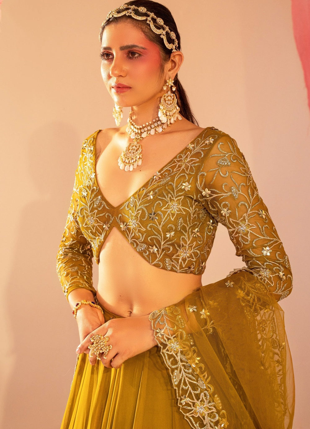 Mehendi Green Full-Sleeve Embroidered Blouse With Frill Lehenga and Dupatta Silky Bindra - Fabilicious Fashion