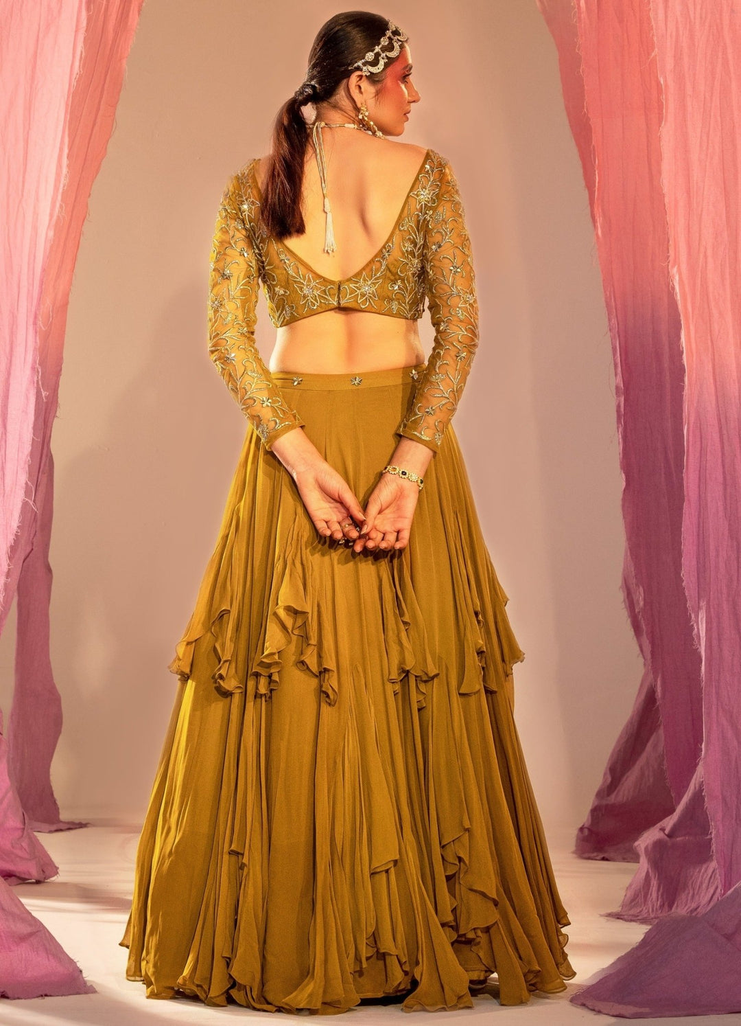 Mehendi Green Full-Sleeve Embroidered Blouse With Frill Lehenga and Dupatta Silky Bindra - Fabilicious Fashion