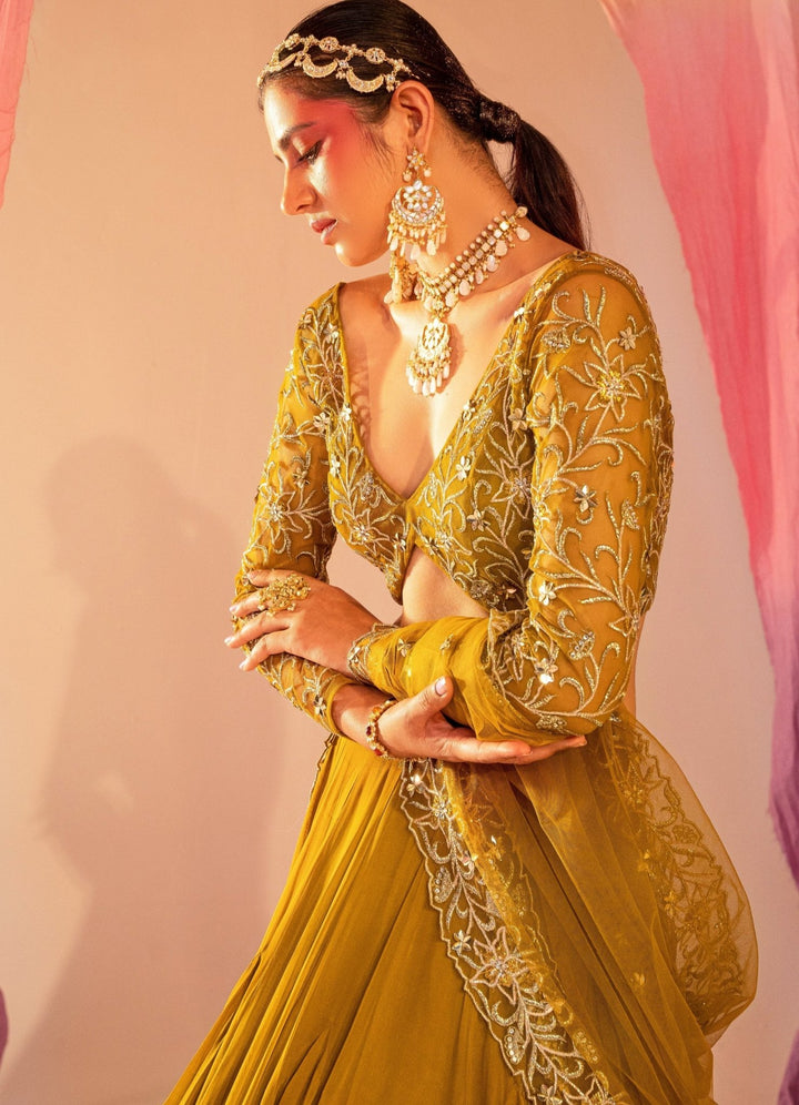 Mehendi Green Full-Sleeve Embroidered Blouse With Frill Lehenga and Dupatta Silky Bindra - Fabilicious Fashion