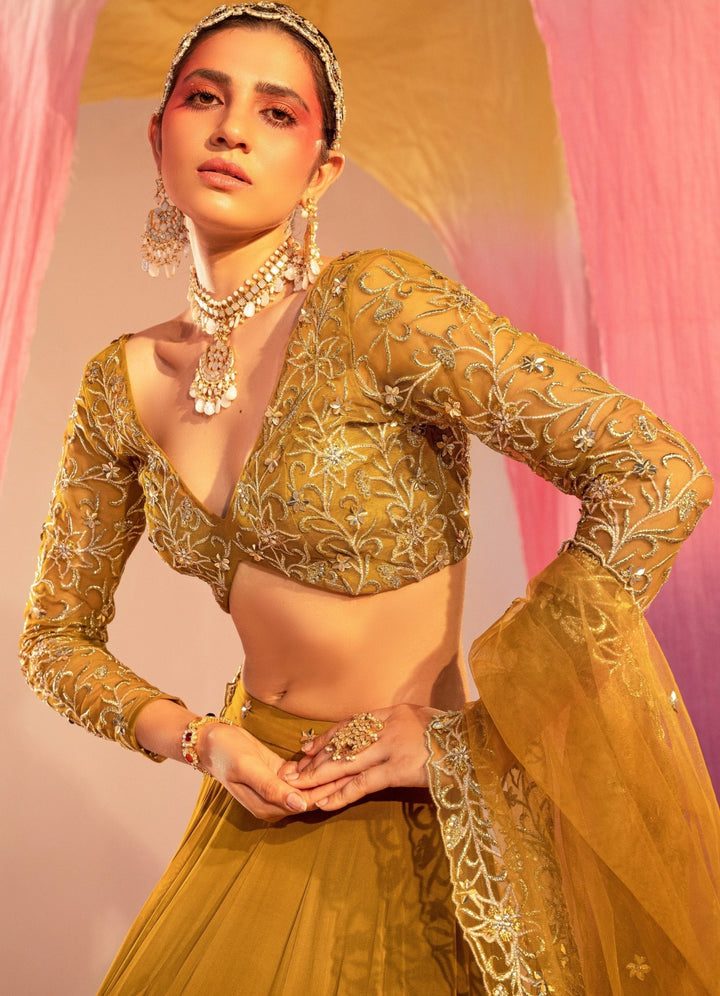 Mehendi Green Full-Sleeve Embroidered Blouse With Frill Lehenga and Dupatta Silky Bindra - Fabilicious Fashion