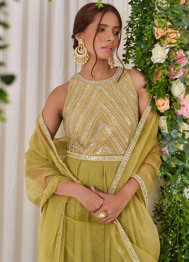 Mehendi Green Georgette Sleeveless Anarkali With Organza Dupatta Nidhika Shekhar - Fabilicious Fashion
