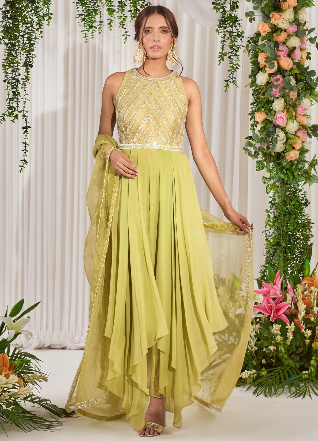 Mehendi Green Georgette Sleeveless Anarkali With Organza Dupatta Nidhika Shekhar - Fabilicious Fashion