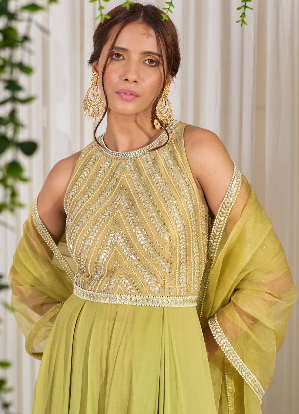 Mehendi Green Georgette Sleeveless Anarkali With Organza Dupatta Nidhika Shekhar - Fabilicious Fashion
