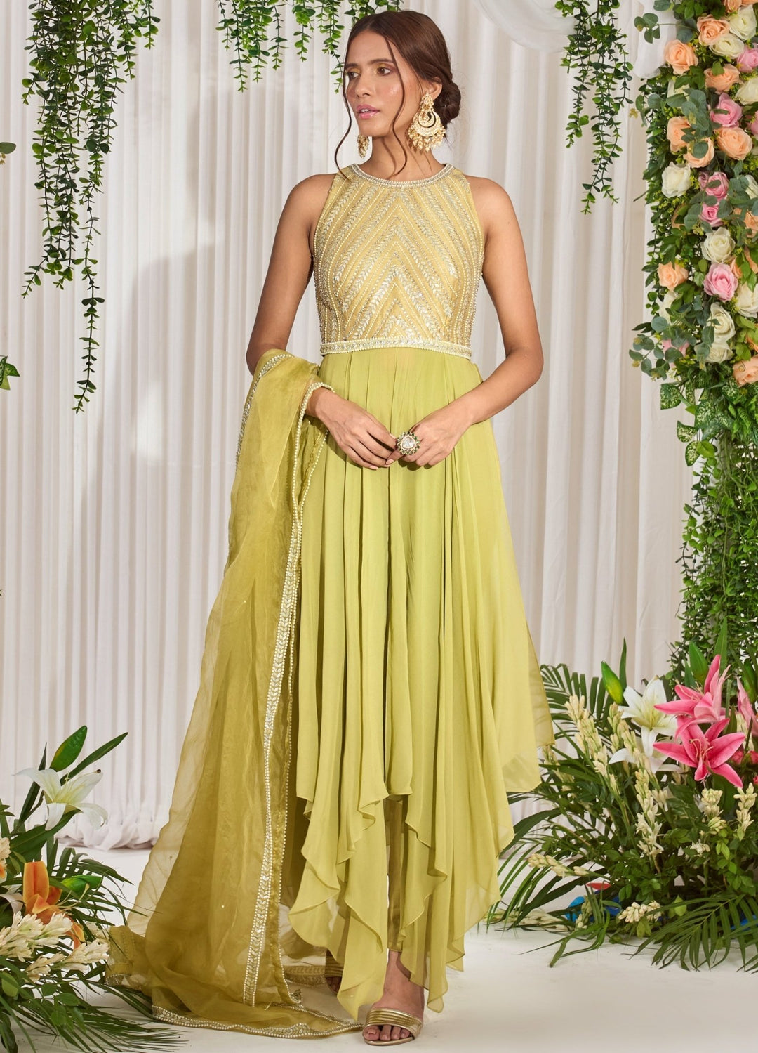 Mehendi Green Georgette Sleeveless Anarkali With Organza Dupatta Nidhika Shekhar - Fabilicious Fashion